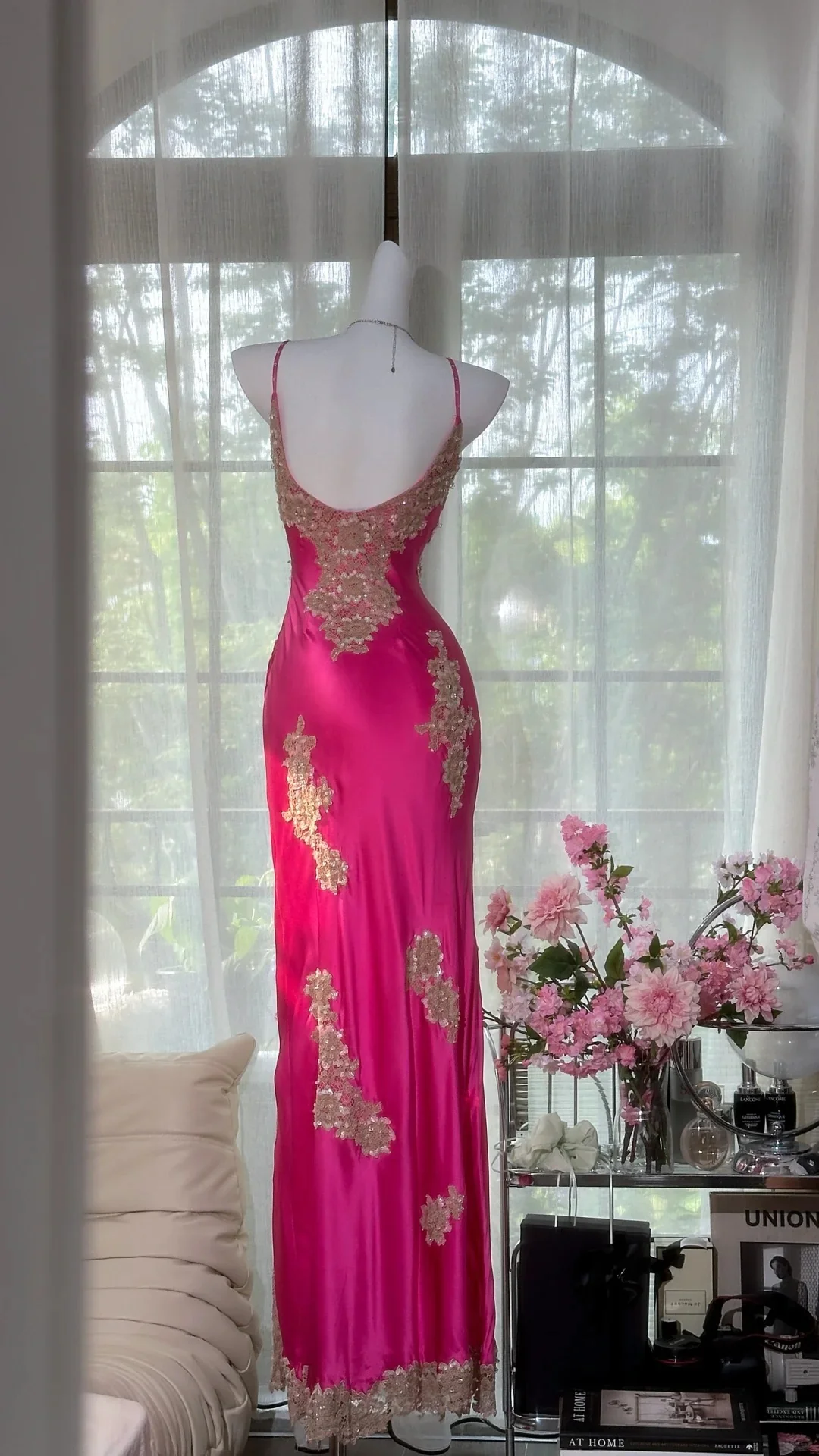 Retro Barbie Pink Lace and Satin Slit Mermaid Evening Dress Prom Dress P3258 - Image 4