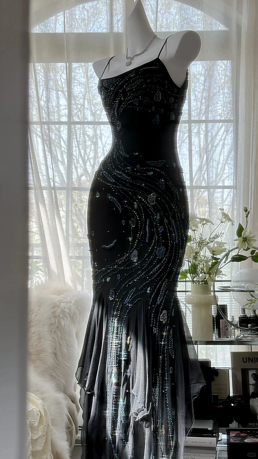 Retro beautiful shoulder strap beaded chiffon irregular skirt prom dress P3285 - Image 2