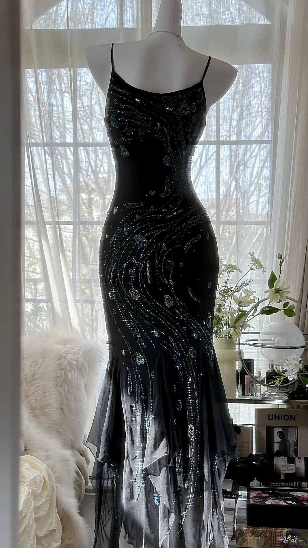 Retro beautiful shoulder strap beaded chiffon irregular skirt prom dress P3285 - Image 3