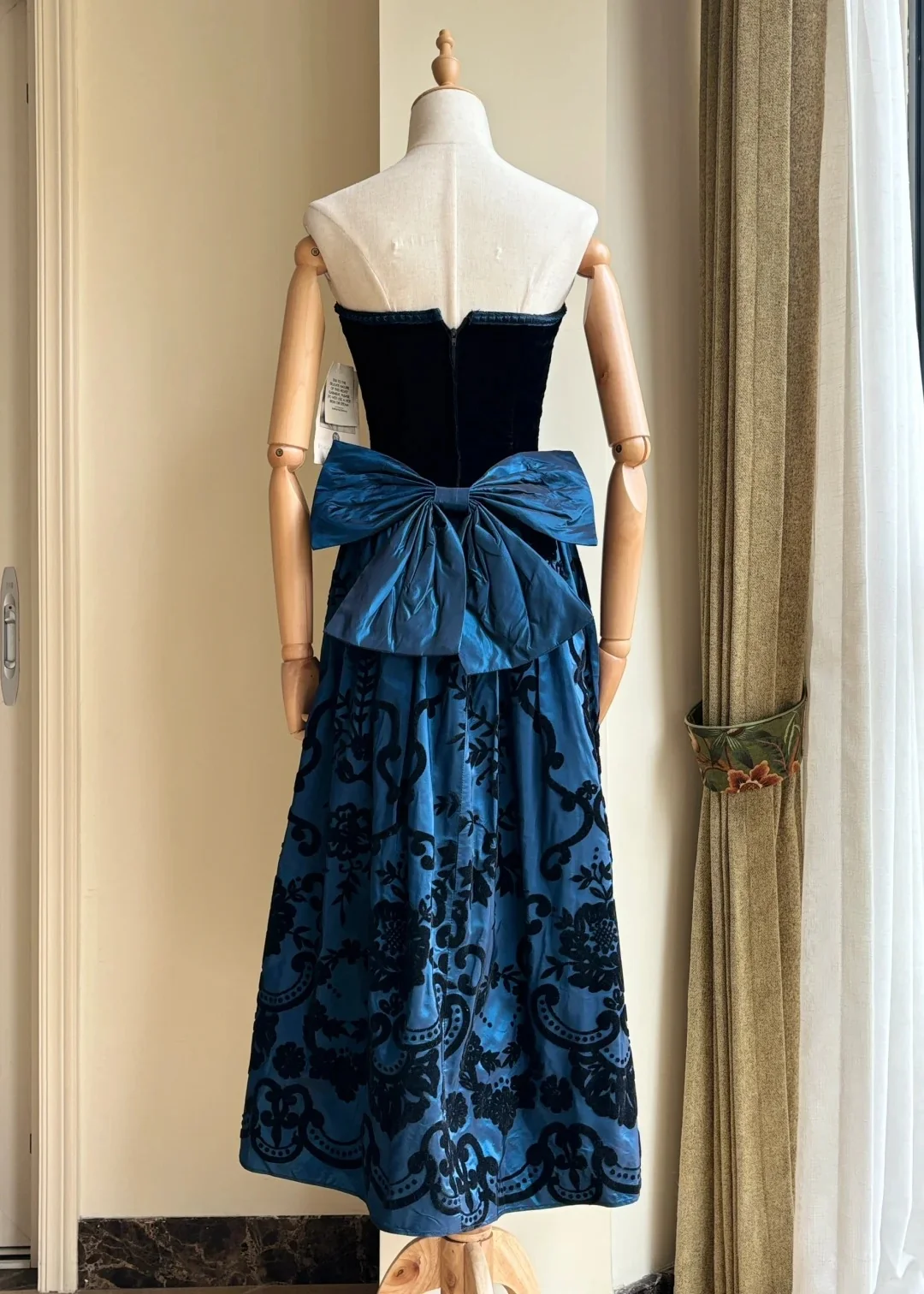 Retro Blue And Black A-line Strapless Bow Jacquard Velvet Long Prom Dress Evening Dress P4189 - Image 10