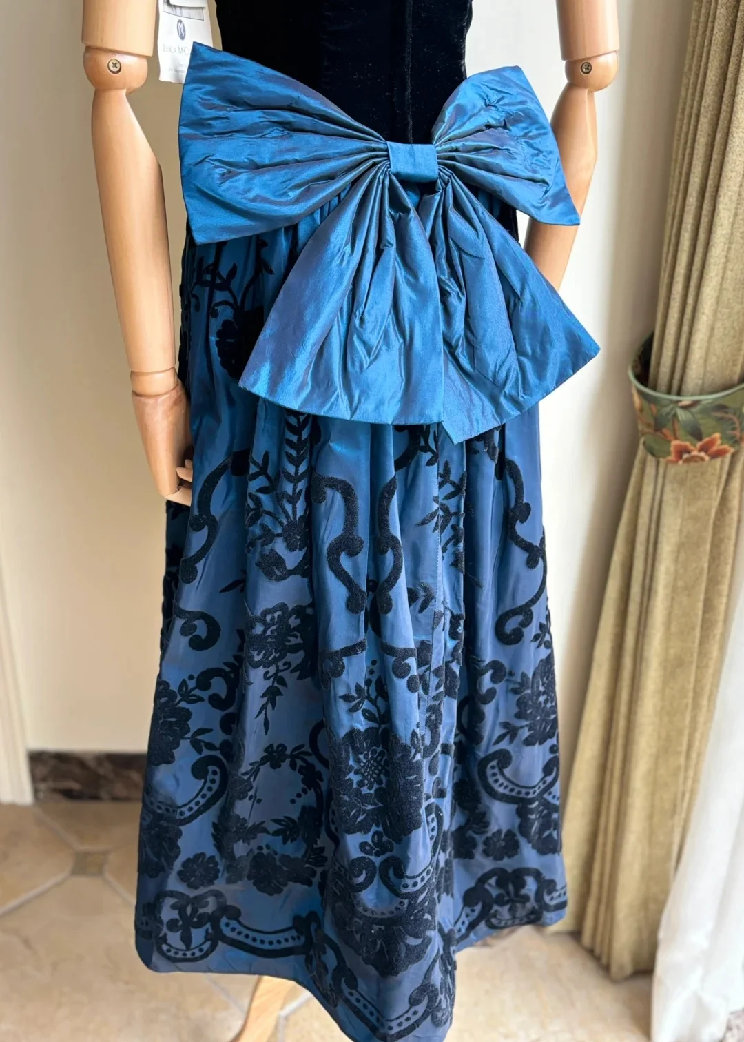 Retro Blue And Black A-line Strapless Bow Jacquard Velvet Long Prom Dress Evening Dress P4189 - Image 8