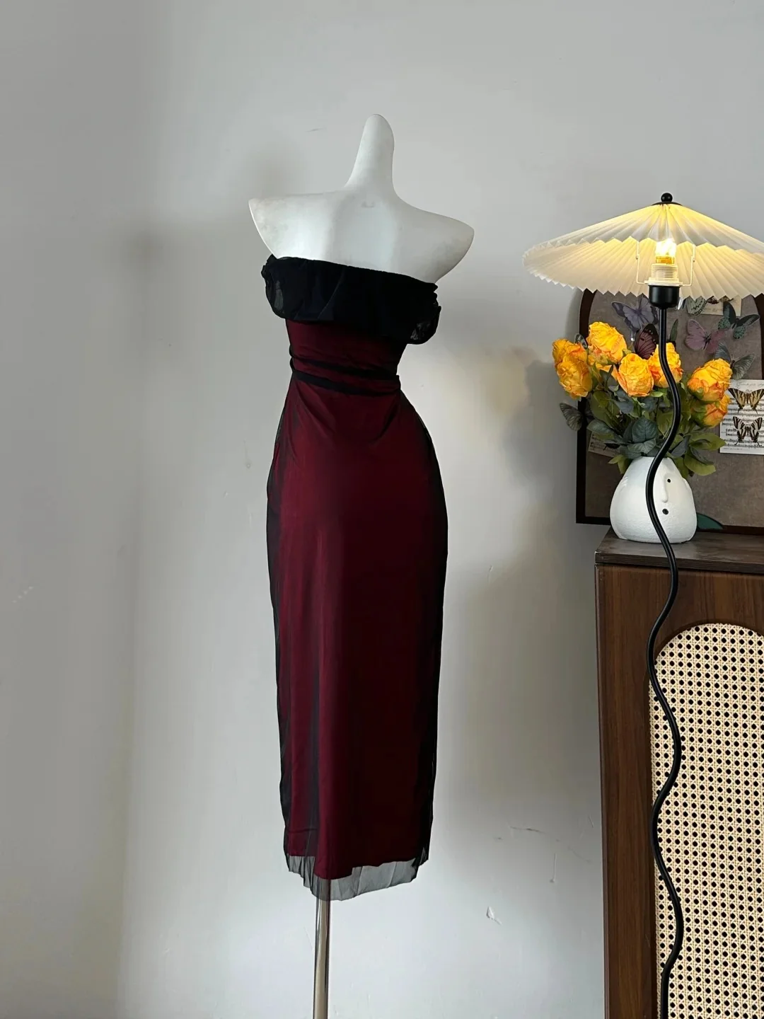Retro Burgundy Slim-fit Tube Top Ruffled Tulle Prom Dress Evening Dress P4080 - Image 3