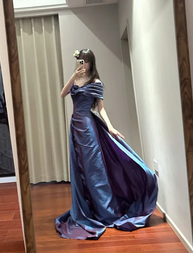 Retro Elegant Blue-Purple Off-Shoulder Hand-Pleated Satin Prom Dress Evening Dress P4111 - Image 6