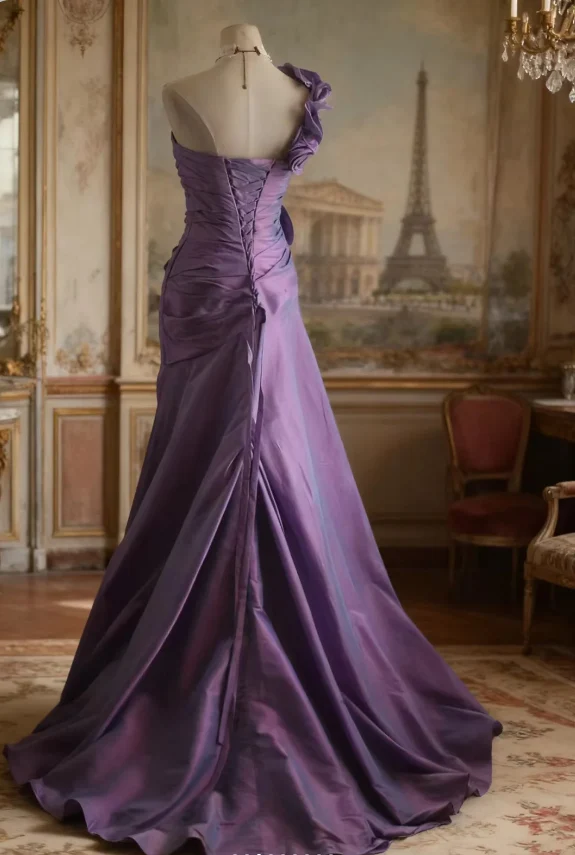 Retro Elegant Purple 3D Floral One-Shoulder Mermaid Satin Long Prom Dress Evening Dress P4249 - Image 4