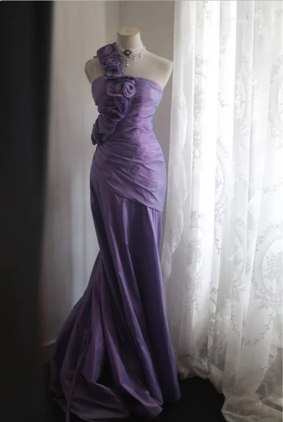 Retro Elegant Purple 3D Floral One-Shoulder Mermaid Satin Long Prom Dress Evening Dress P4249 - Image 5