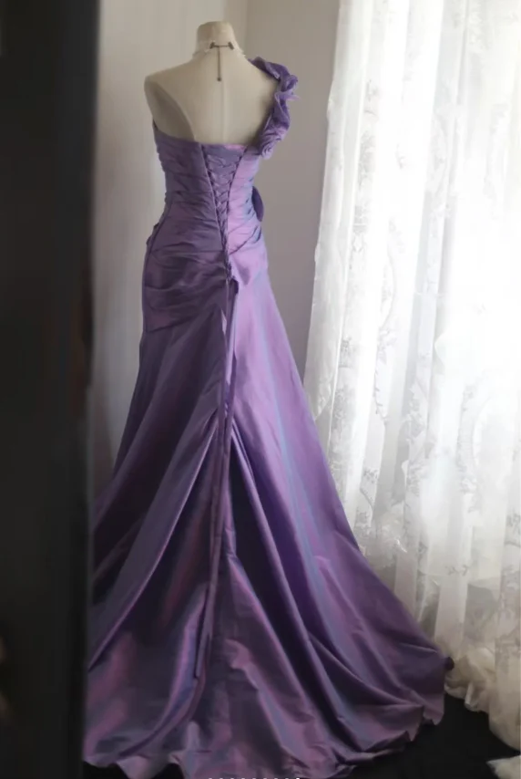 Retro Elegant Purple 3D Floral One-Shoulder Mermaid Satin Long Prom Dress Evening Dress P4249 - Image 6