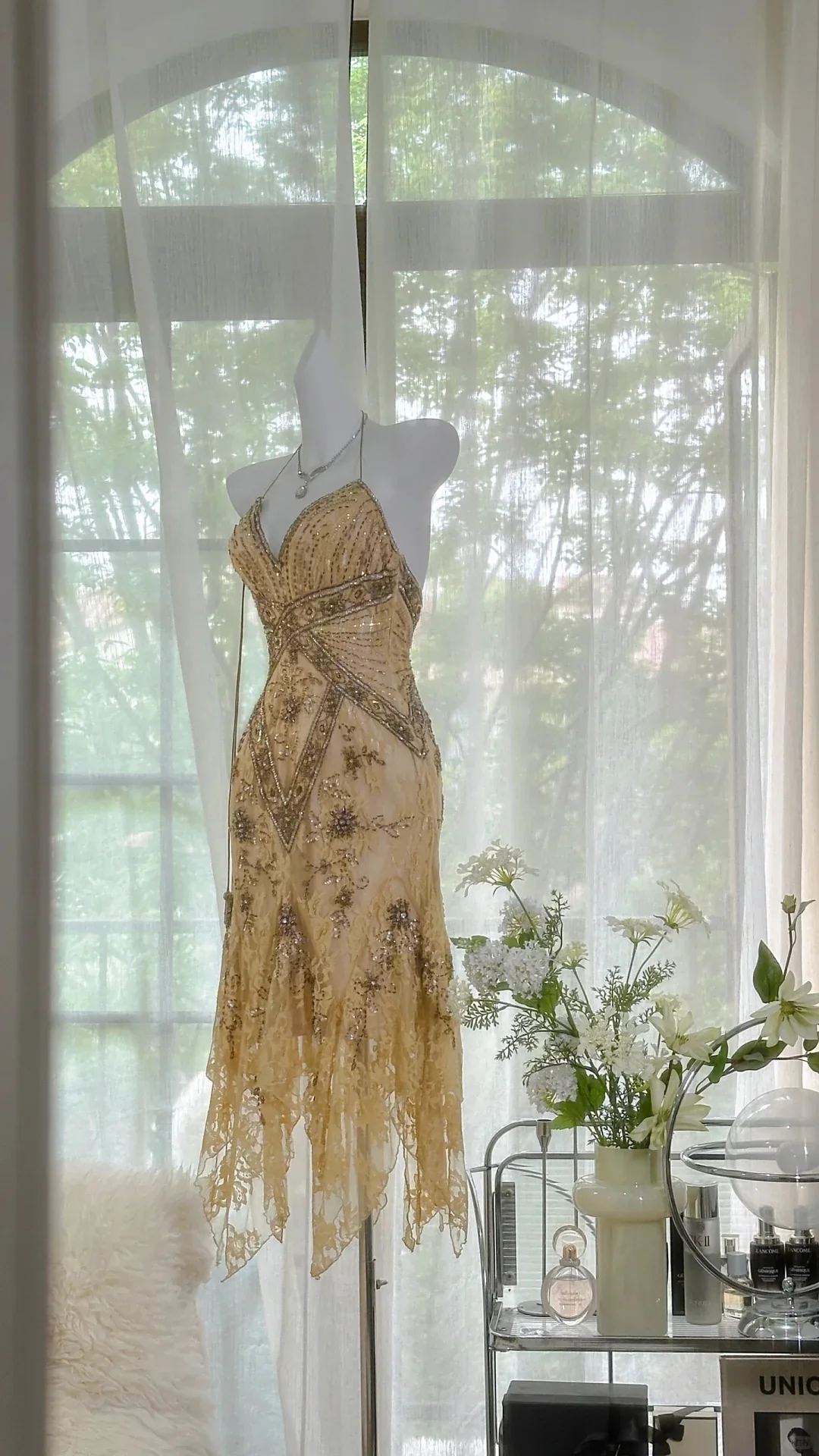 Retro luxury V-neck lace beaded irregular skirt prom dress P3276 - Image 3