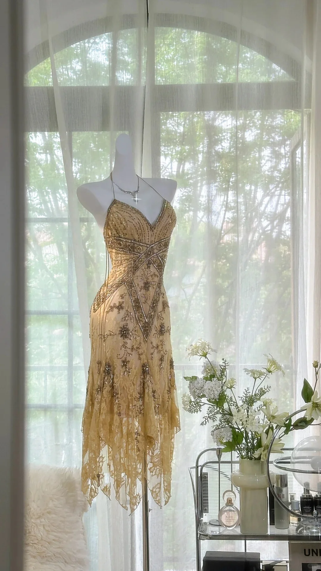 Retro luxury V-neck lace beaded irregular skirt prom dress P3276 - Image 5
