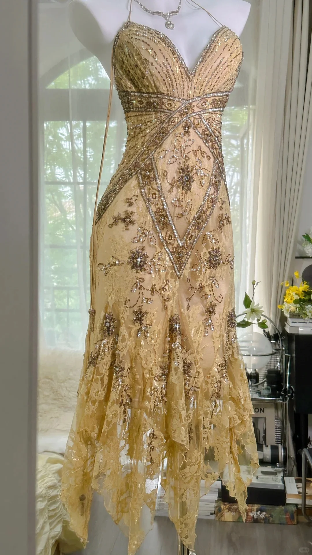 Retro luxury V-neck lace beaded irregular skirt prom dress P3276 - Image 8