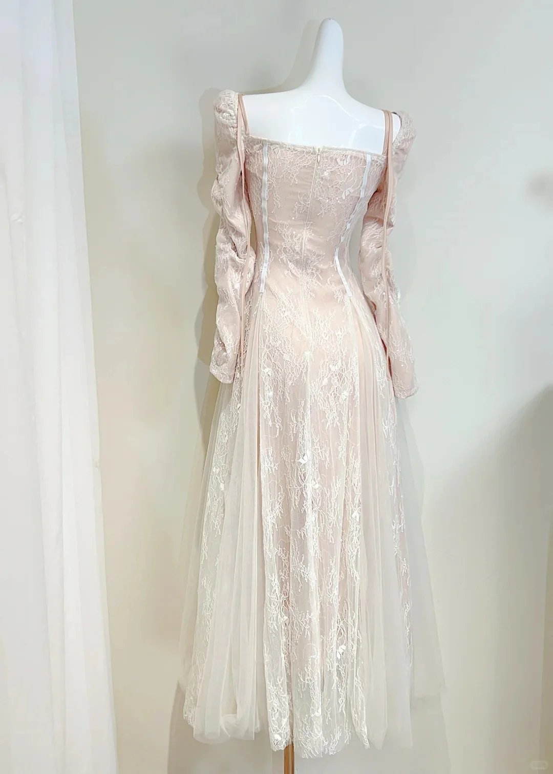 Retro Palace Nude Pink A-line Long Lace Tulle Long Prom Dress Evening Dress P4064 - Image 3
