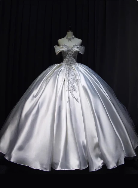 Retro Palace Style Off-shoulder Satin Beaded Floor-length Wedding Dress P2671 - Image 2