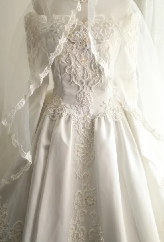 Retro Princess One Shoulder Long Sleeve Beaded Satin Back Butterfly Wedding Dress P2842 - Image 10