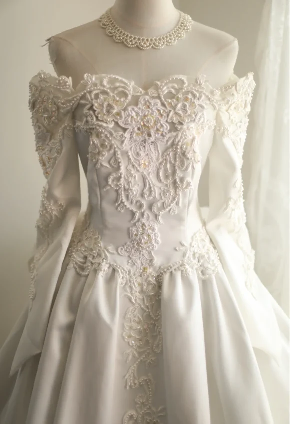 Retro Princess One Shoulder Long Sleeve Beaded Satin Back Butterfly Wedding Dress P2842 - Image 2