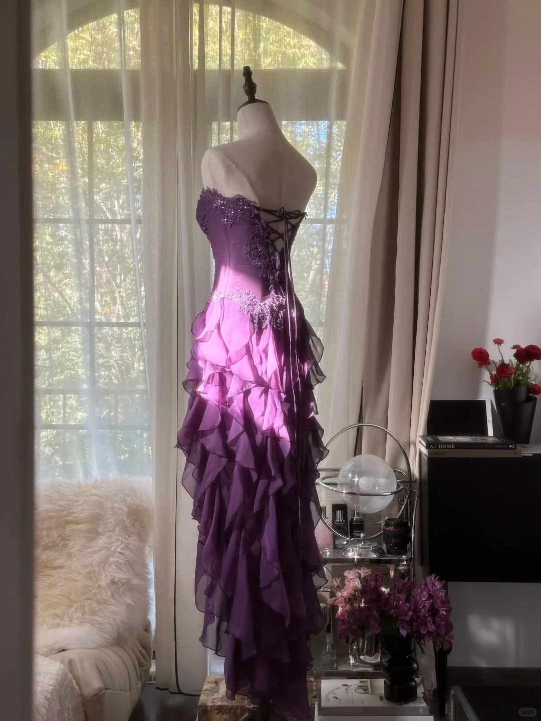 Retro Strapless Grape Purple Fungus Curled Skirt Chiffon Long Prom Dress P3346 - Image 5
