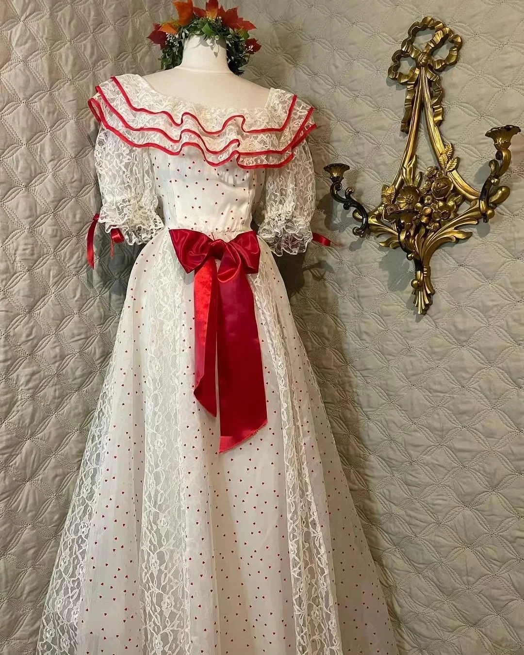 Retro White And Red Color-Blocked Ruffled Collar Polka Dot Bow Lace A-line Long Prom Dress Evening Dress P4281 - Image 5