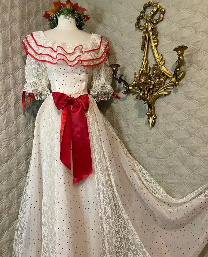 Retro White And Red Color-Blocked Ruffled Collar Polka Dot Bow Lace A-line Long Prom Dress Evening Dress P4281 - Image 6