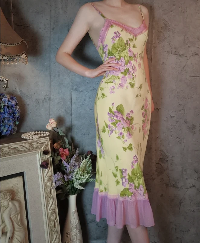 Retro Yellow-Based Purple Floral Mermaid Spaghetti Strap V-Neck Chiffon Prom Dress Evening Dress P4311 - Image 5