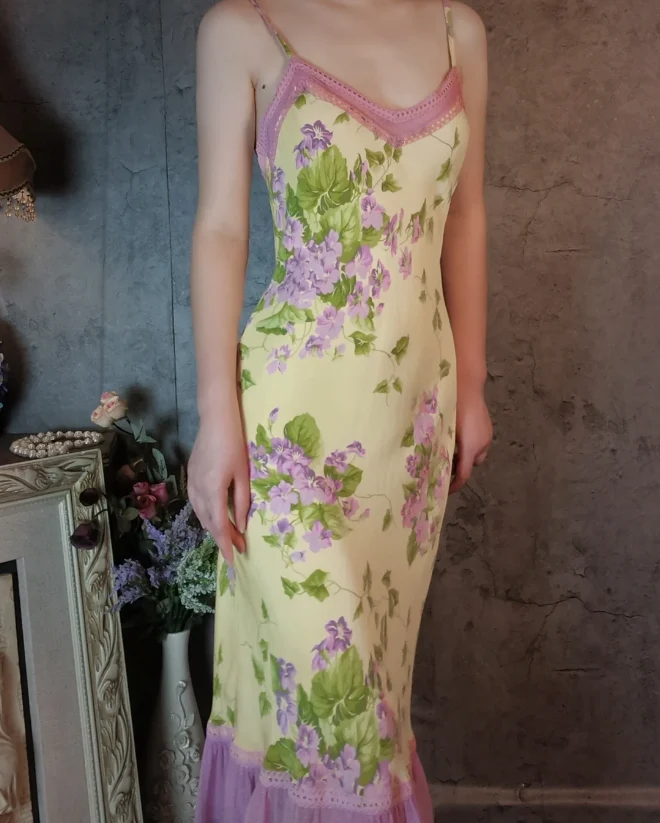 Retro Yellow-Based Purple Floral Mermaid Spaghetti Strap V-Neck Chiffon Prom Dress Evening Dress P4311 - Image 7