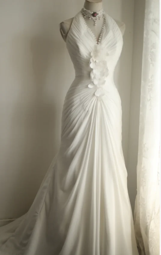Roman Style Halter Neck Chiffon Fishtail A-Line Wedding Dress P2812 - Image 2