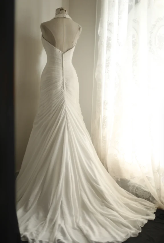 Roman Style Halter Neck Chiffon Fishtail A-Line Wedding Dress P2812 - Image 3