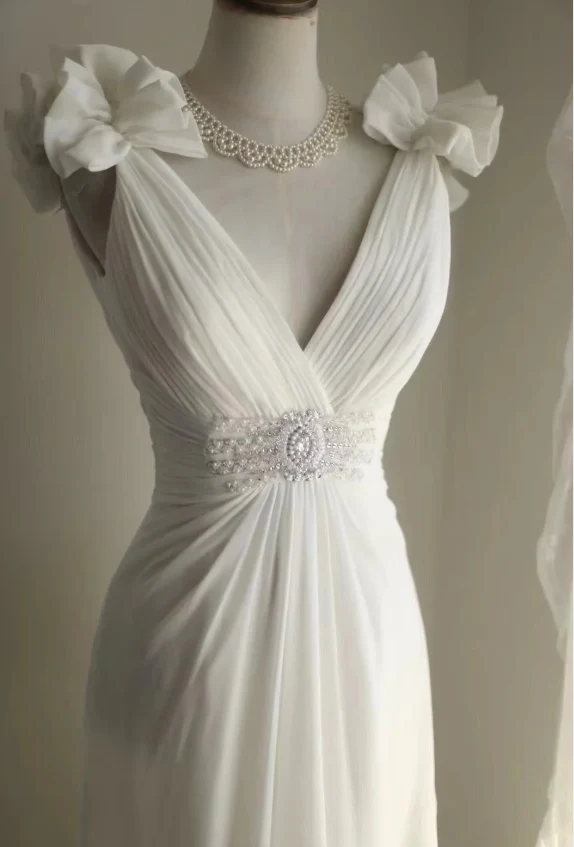 Roman style V-neck pleated shoulder chiffon waist white wedding dress P2840 - Image 2
