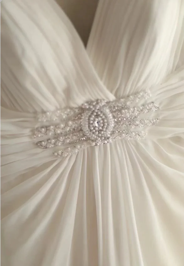 Roman style V-neck pleated shoulder chiffon waist white wedding dress P2840 - Image 3
