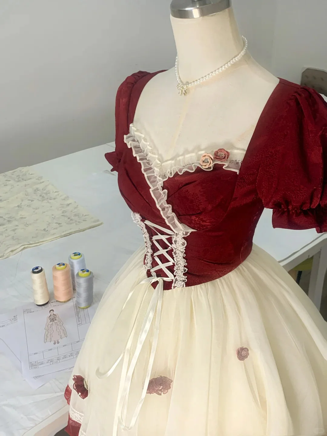 Rose Manor Burgundy and White Contrast Lace Trim Mesh Homecoming Dress P3178 - Image 2