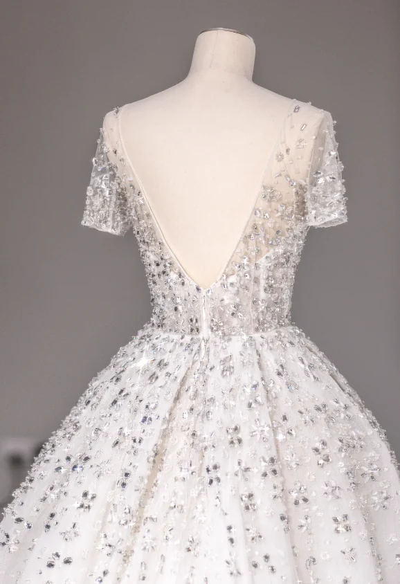 Round Neck Short Sleeve Backless A-Line Tulle Wedding Dress with Shiny Rhinestones P2868 - Image 3
