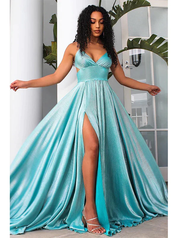 Sexy A line Backless Blue Slit Long Prom Dresses P1003 - Image 2