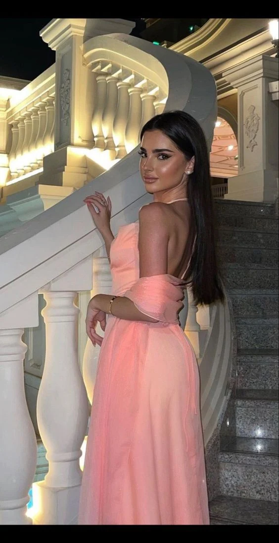 Sexy A line Halter Sleeveless Pink Long Prom Dress P964 - Image 3