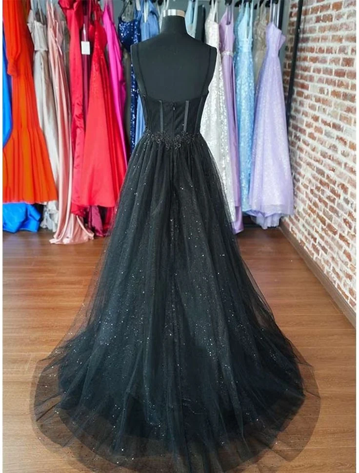 Sexy A line Long Black Tulle Slit Prom Dress 21th Birthday Outfits P2191 - Image 2