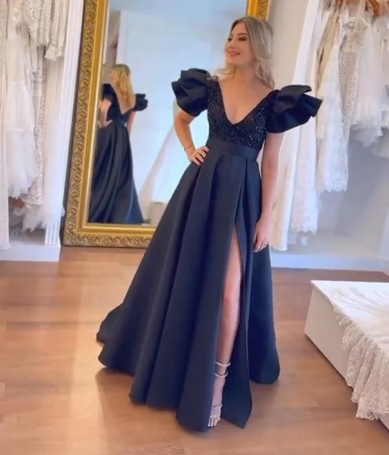 Sexy A line Long Navy Blue Prom Dress Party Dress 22th Birthday Outfits P2116 - Image 2