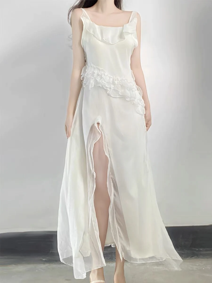 Sexy A line Long Prom Dress Slit White Evening Dress P933 - Image 2