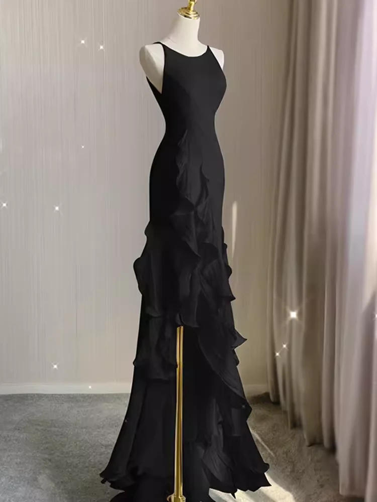 Sexy A line Long Senior Chiffon Black Prom Dress Formal Dress P1318 - Image 2