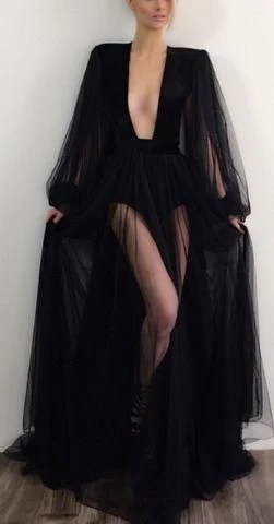 Sexy A line Long Sleeves Black Slit Prom Dresses P1574 - Image 3