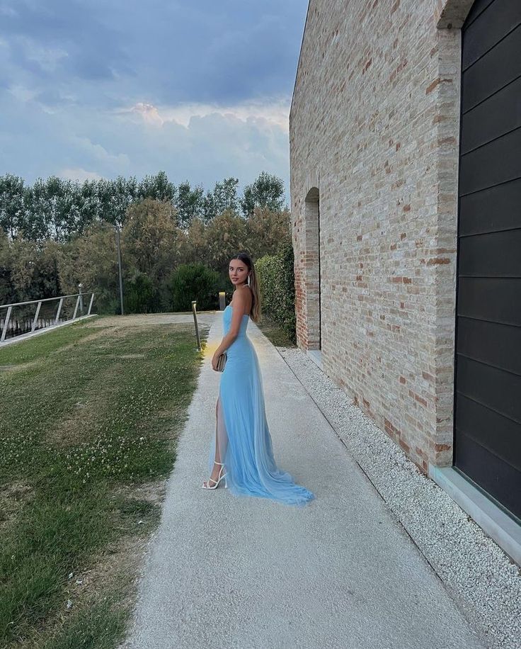 Sexy A Line Long Strapless Light Blue Slit Prom Dresses P1211 - Image 2