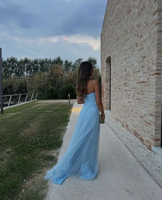Sexy A Line Long Strapless Light Blue Slit Prom Dresses P1211 - Image 5
