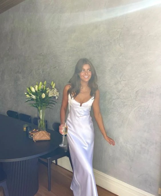 Sexy A line Long Straps Silk Satin White Prom Dresses P1219