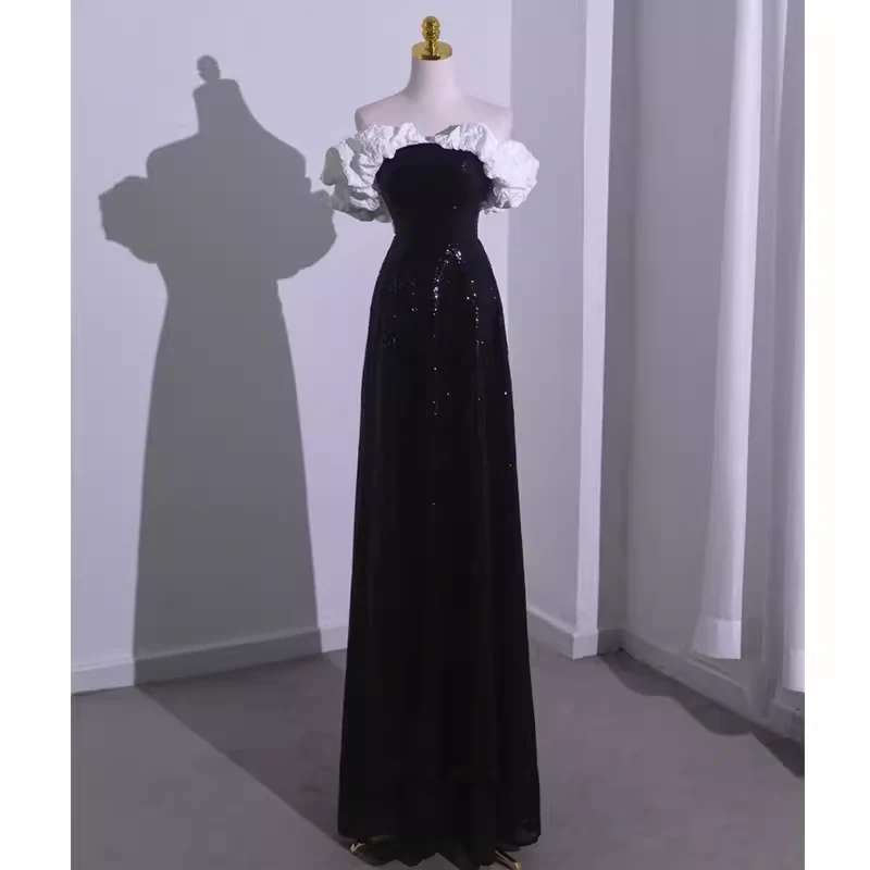 Sexy A line Off The Shoulder Long Black Sequin Prom Dress P1534