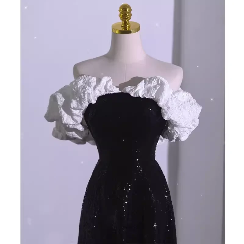 Sexy A line Off The Shoulder Long Black Sequin Prom Dress P1534 - Image 2