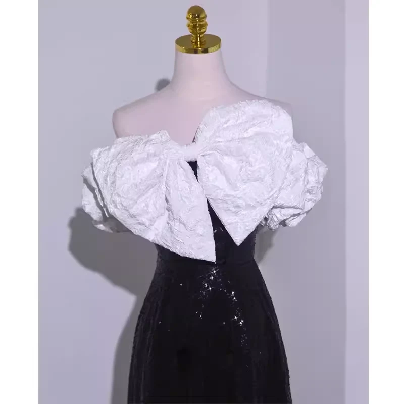 Sexy A line Off The Shoulder Long Black Sequin Prom Dress P1534 - Image 4