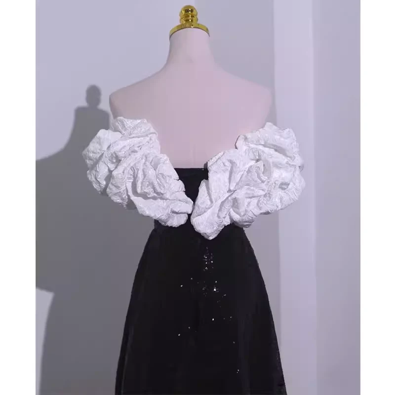 Sexy A line Off The Shoulder Long Black Sequin Prom Dress P1534 - Image 5
