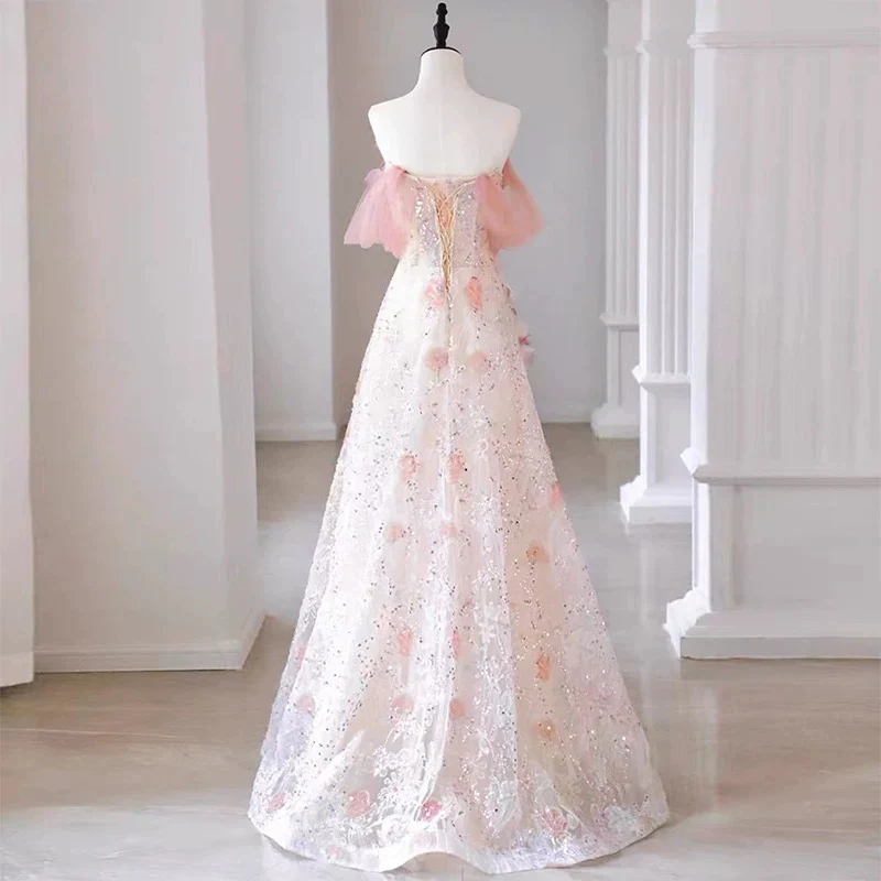 Sexy A Line Off The Shoulder Pink Tulle Floor Length Floral Prom Dresses P2395 - Image 5