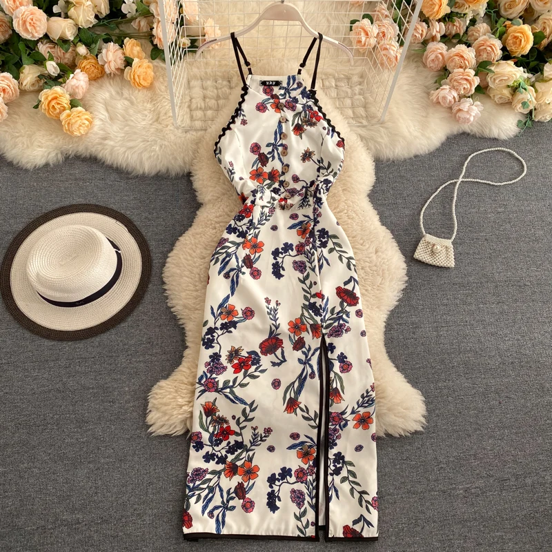 Sexy A line Sleeveless Silk Satin Floral Dress Beach Summer Holiday Dress P250 - Image 2