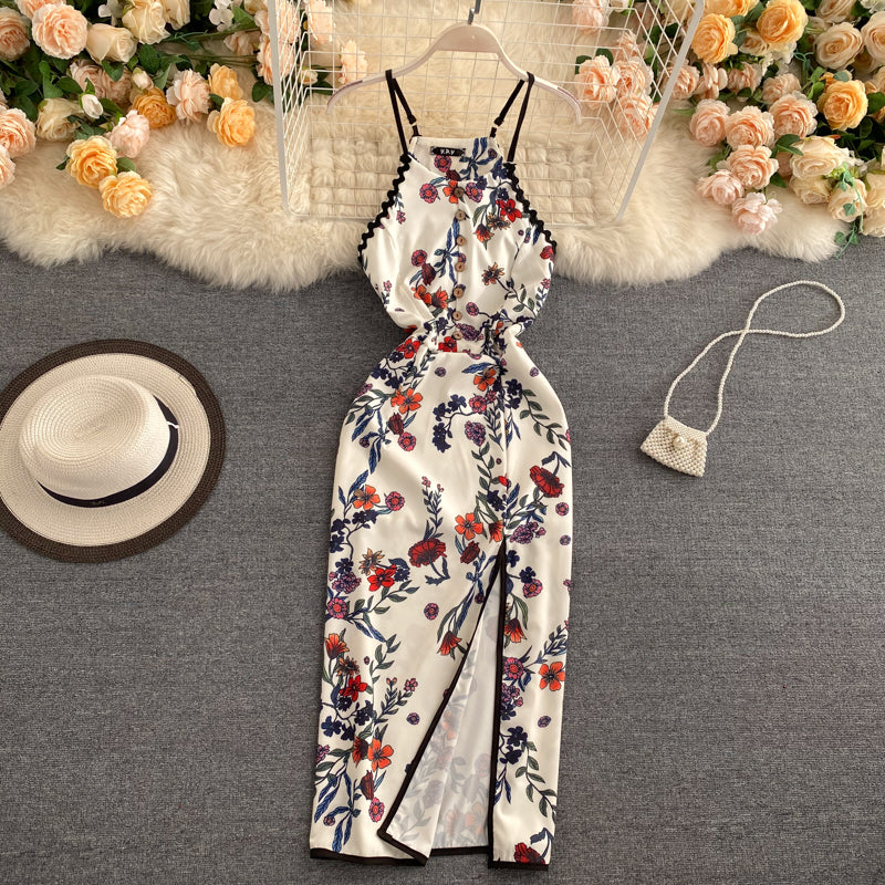 Sexy A line Sleeveless Silk Satin Floral Dress Beach Summer Holiday Dress P250 - Image 6