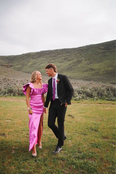 Sexy A line Square Neckline Long Pink Slit Prom Dress Party Dresses P1598 - Image 2