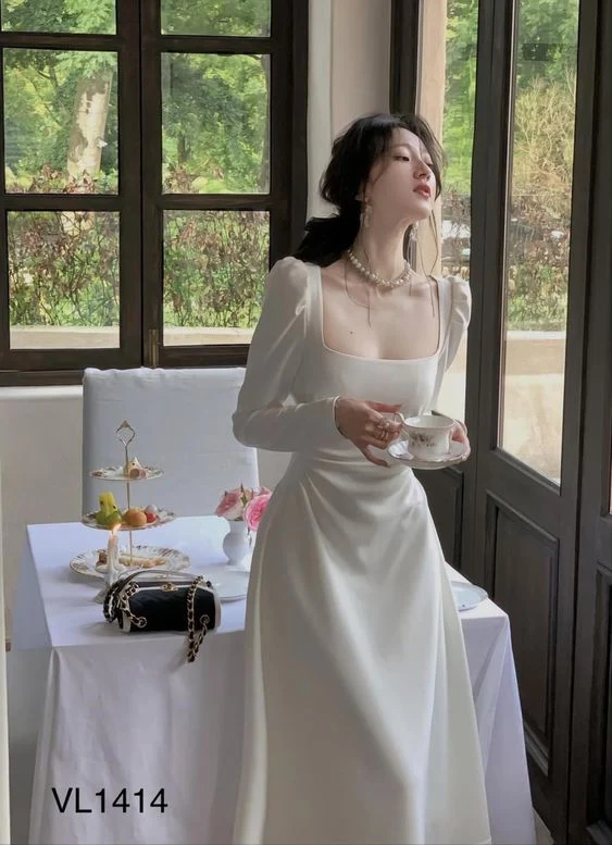 Sexy A line Square Neckline Long Sleeves White Prom Dress P1528 - Image 4
