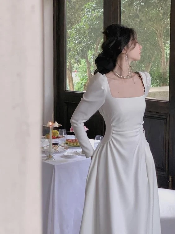 Sexy A line Square Neckline Long Sleeves White Prom Dress P1528 - Image 5