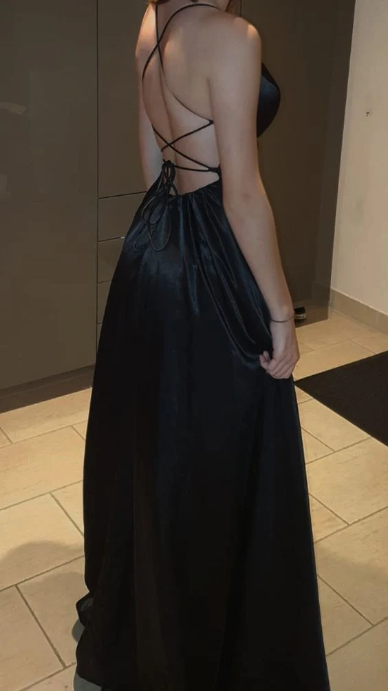 Sexy A Line Straps Long Black Slit Backless Prom Dresses P1502 - Image 2