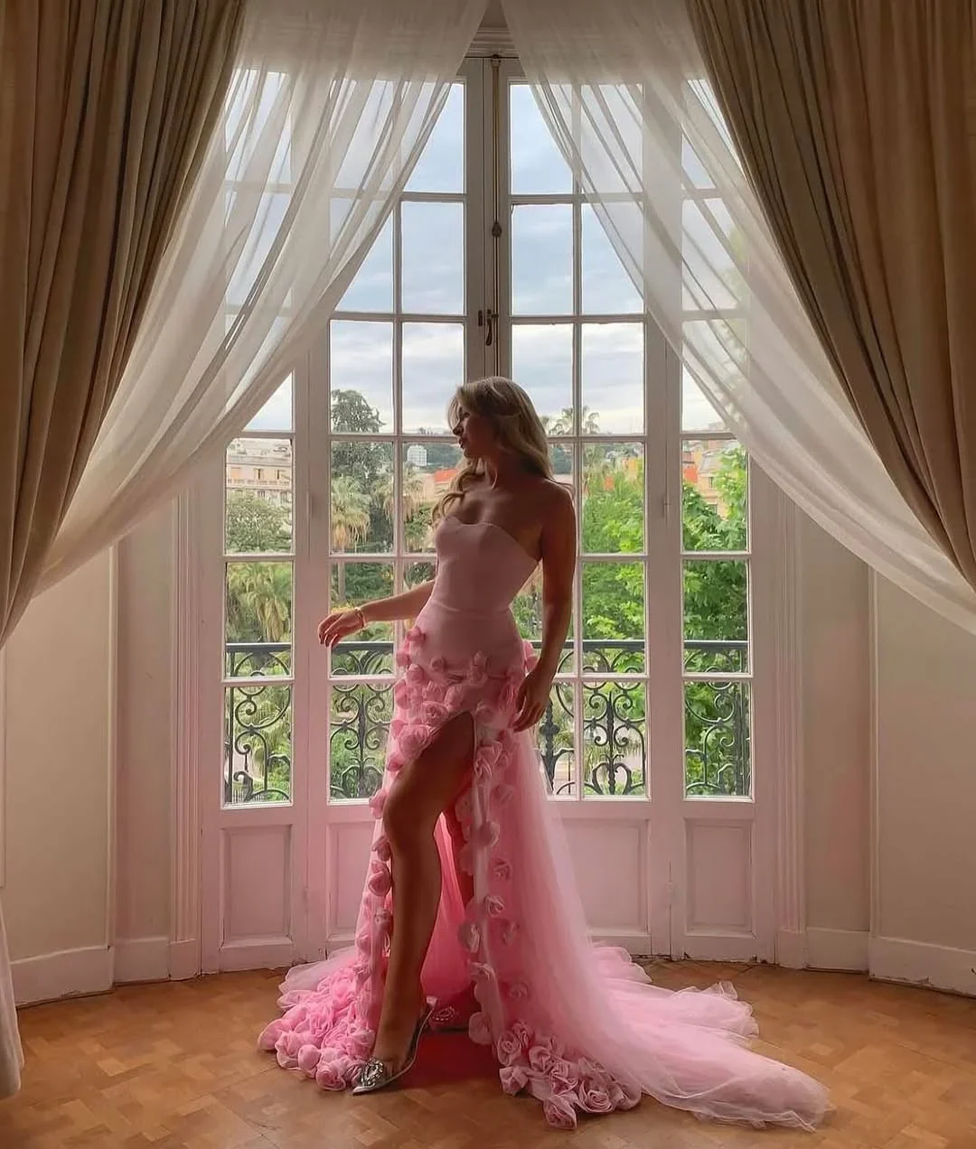 Sexy A line Sweetheart Sleeveless Party Dress Pink Slit Flowers Prom Dress P861 - Image 8